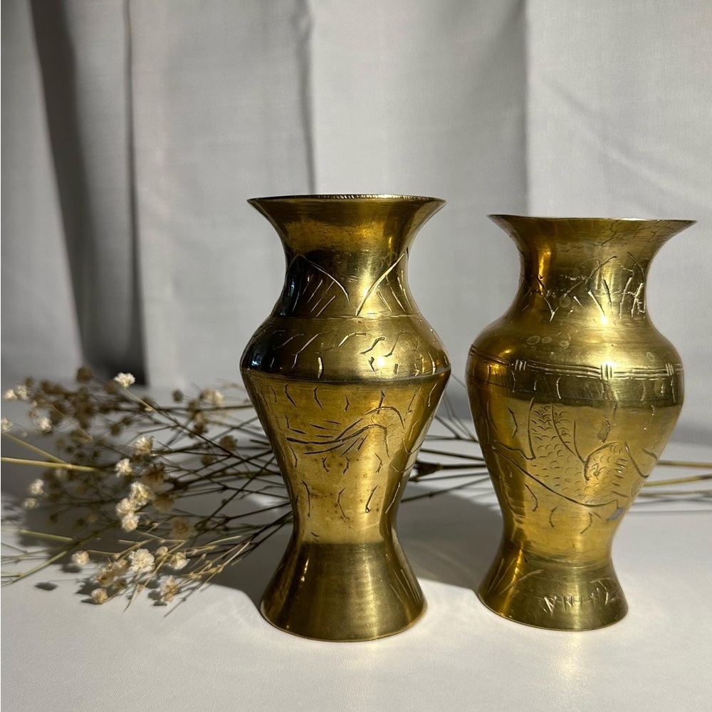 Vintage Etched / Engraved Brass Vase Set of 2